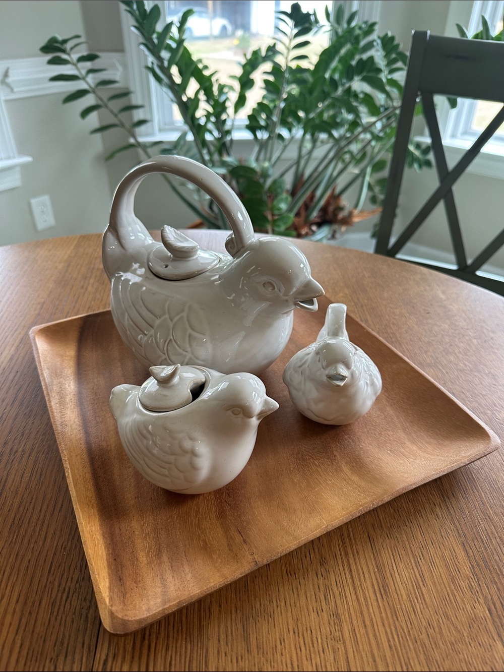 Cost Plus World Market Cream Ceramic Bird Teapot & Accent Set